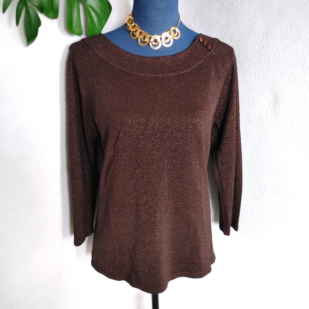 Jones New York Brown Gold Glitter Festive Sweater